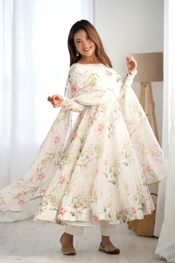 IMG_5441.jpg White Flower Print Organza Silk Anarkali Suit Set
