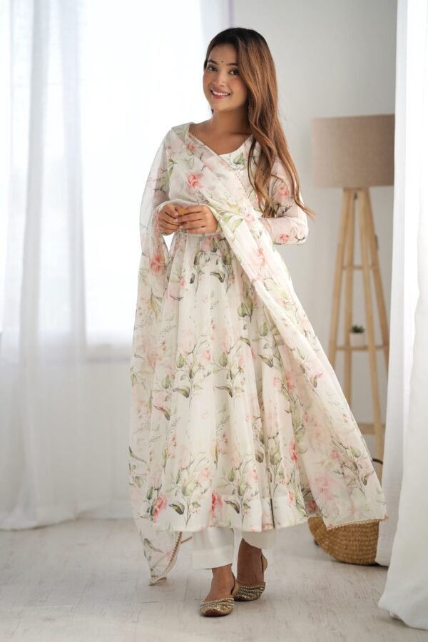 IMG_5442.jpg White Flower Print Organza Silk Anarkali Suit Set