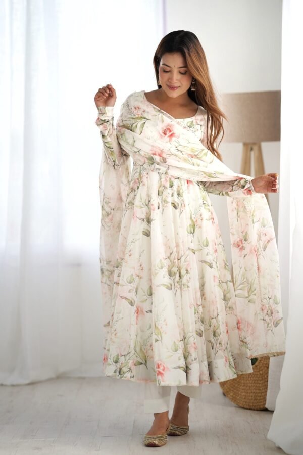IMG_5443.jpg White Flower Print Organza Silk Anarkali Suit Set