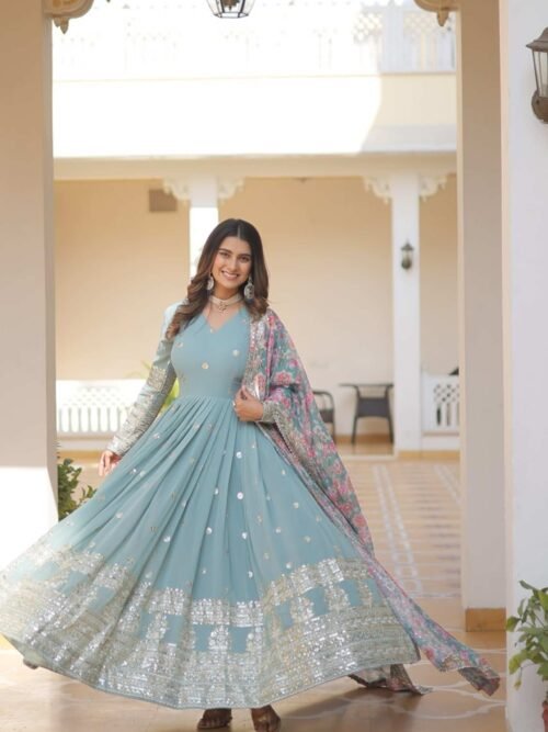 KA-1078GREEN_4.jpg Sky Blue Heavy Embroidery Work Gown with Dupatta