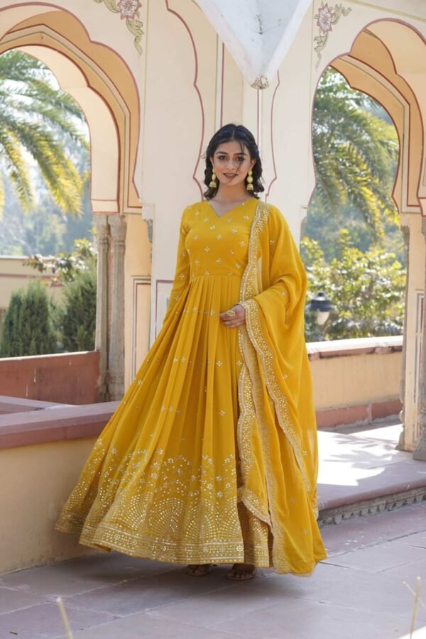 KA-1084YELLOW_1.jpg Yellow Wedding Wear Heavy Sequence Work Gown with Dupatta