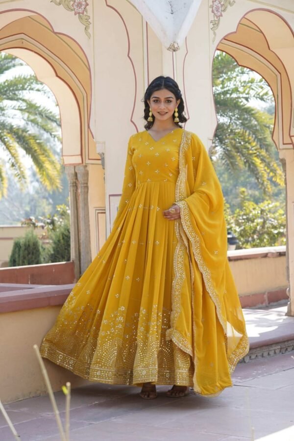 KA-1084YELLOW_5.jpg Yellow Wedding Wear Heavy Sequence Work Gown with Dupatta