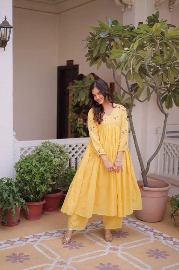KA-1236_2.jpg Yellow Cotton Kurti Pant Set with Embroidered Work