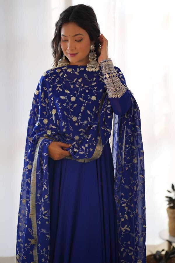 KB-241BLUE_2.jpg Dazzling Blue Georgette Gown Sophisticated Embroidered Detail