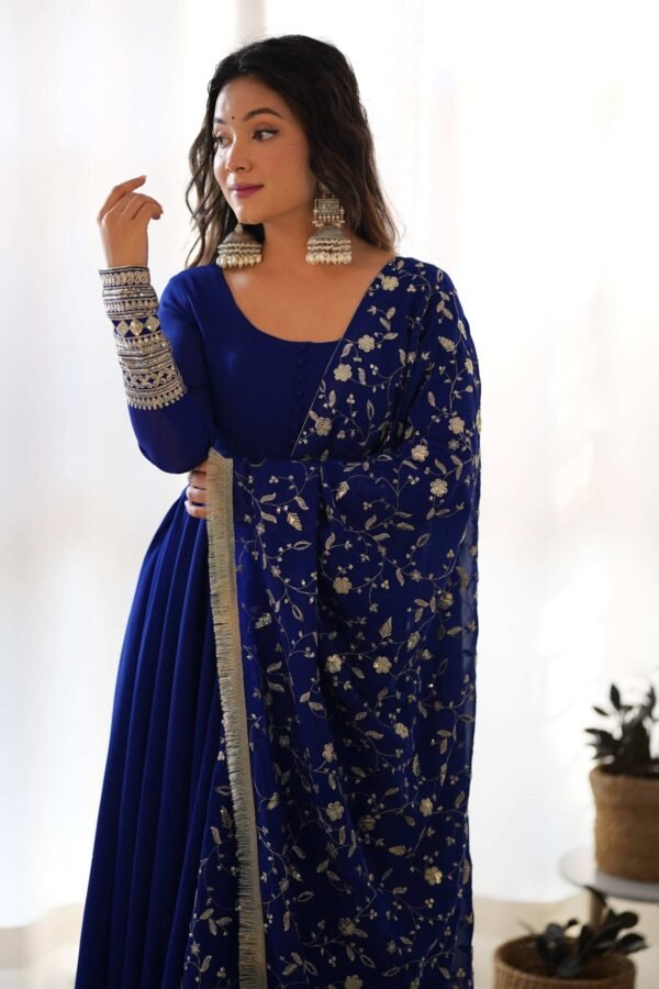 KB-241BLUE_3.jpg Dazzling Blue Georgette Gown Sophisticated Embroidered Detail