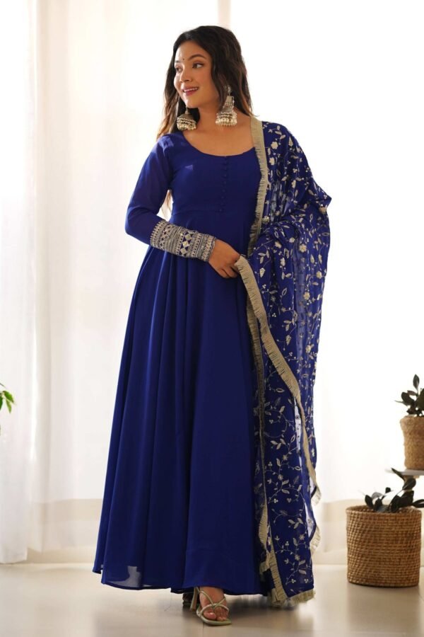 KB-241BLUE_4.jpg Dazzling Blue Georgette Gown Sophisticated Embroidered Detail