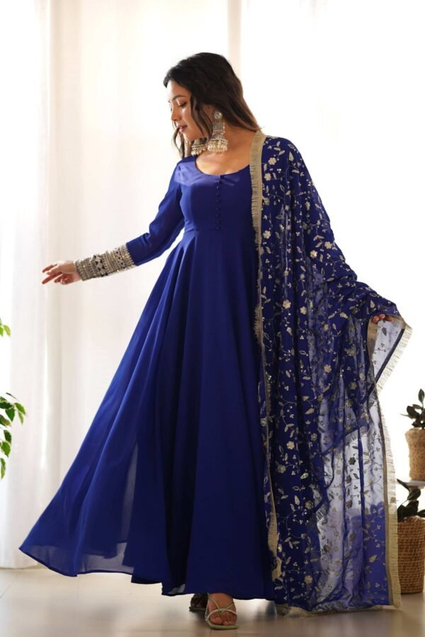 KB-241BLUE_5.jpg Dazzling Blue Georgette Gown Sophisticated Embroidered Detail