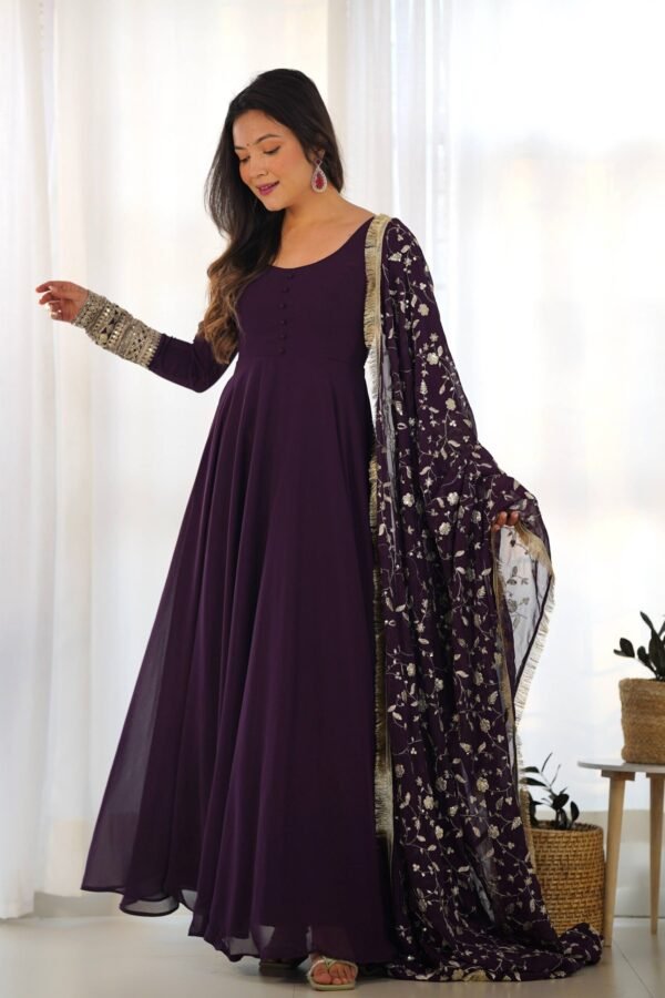 KB-241WINE_4.jpg Elegant Wine Georgette Gown Set with Dupatta - Luxurious & Chic