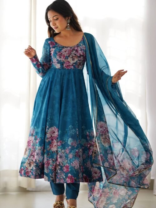 KB-261BLUE_1.jpg Luxurious Turkish Floral Printed Organza Anarkali Suit Set with Dupatta