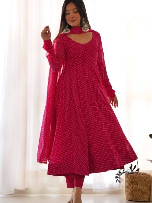 KB-264RANIPINK_4.jpg Vibrant Rani Pink Georgette Laheriya Print Anarkali Suit with Dupatta