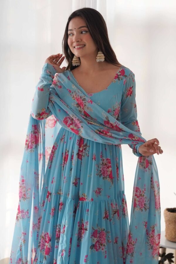 KB-268_1.jpg Sky Blue Floral 3-Layer Georgette Gown with Dupatta