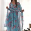 KB-268_3.jpg Sky Blue Floral 3-Layer Georgette Gown with Dupatta