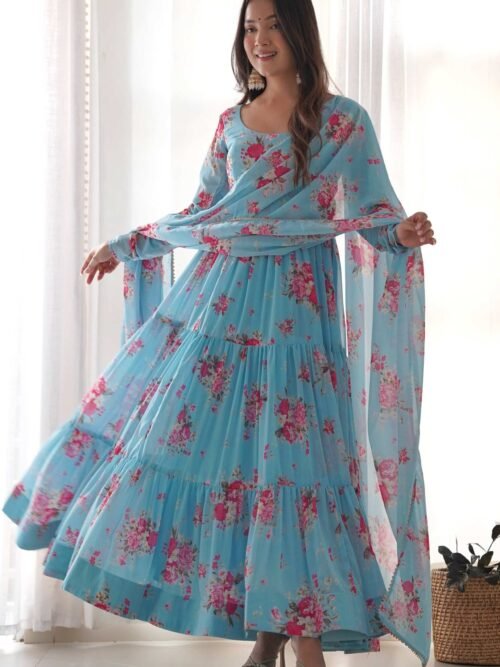 KB-268_4.jpg Sky Blue Floral 3-Layer Georgette Gown with Dupatta