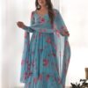 KB-268_5.jpg Sky Blue Floral 3-Layer Georgette Gown with Dupatta