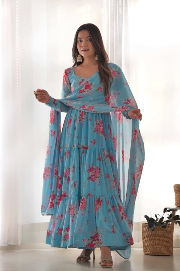 KB-268_5.jpg Sky Blue Floral 3-Layer Georgette Gown with Dupatta