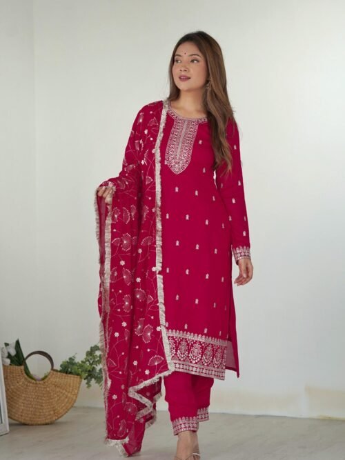 KB-276PINK_1.jpg Rani Pink Straight Fit Kurta with Dupatta Set