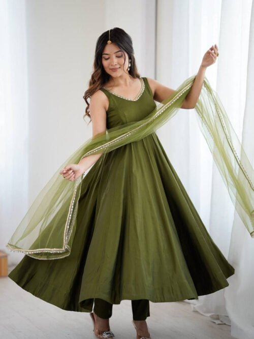 KB-285MAHENDI_6.jpg Mehndi Green Roman Silk Anarkali Suit Set
