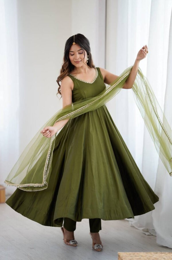 KB-285MAHENDI_6.jpg Mehndi Green Roman Silk Anarkali Suit Set