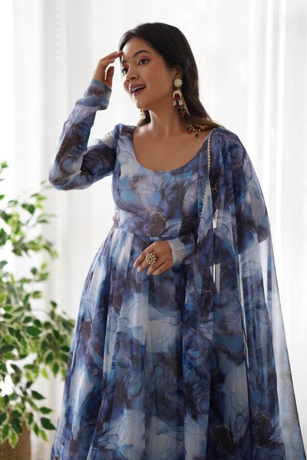 KB-286NAVYBLUE_1.jpg Navy Blue Organza Anarkali Gown with Marble Print