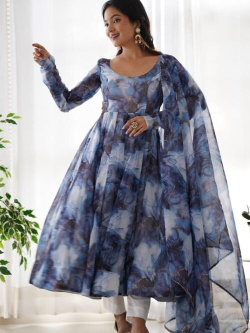 KB-286NAVYBLUE_2.jpg Navy Blue Organza Anarkali Gown with Marble Print