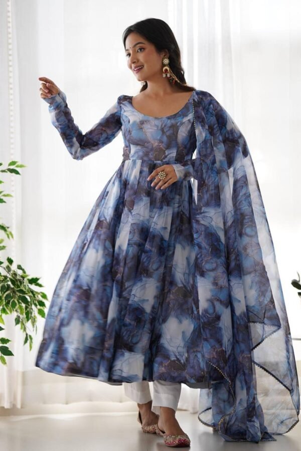KB-286NAVYBLUE_2.jpg Navy Blue Organza Anarkali Gown with Marble Print