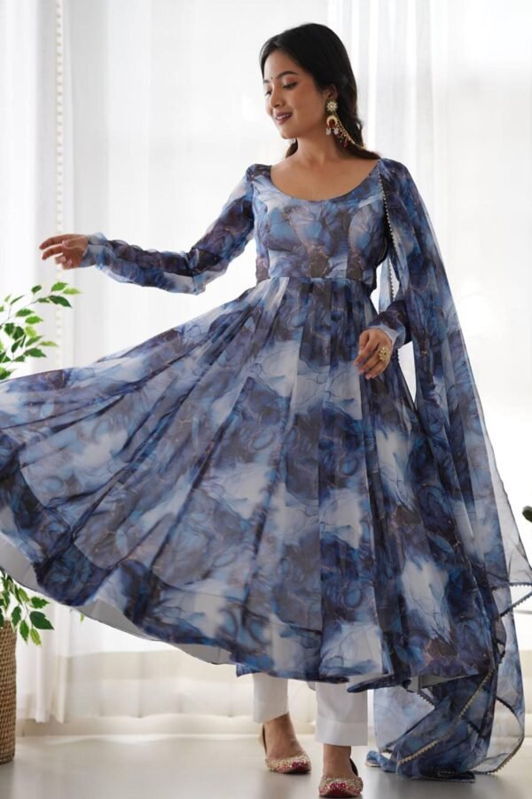 KB-286NAVYBLUE_4.jpg Navy Blue Organza Anarkali Gown with Marble Print