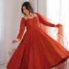 KB-293RUST_1.jpg Rust Orange Roman Silk Chanderi Anarkali Suit with 4+ Meter Flair