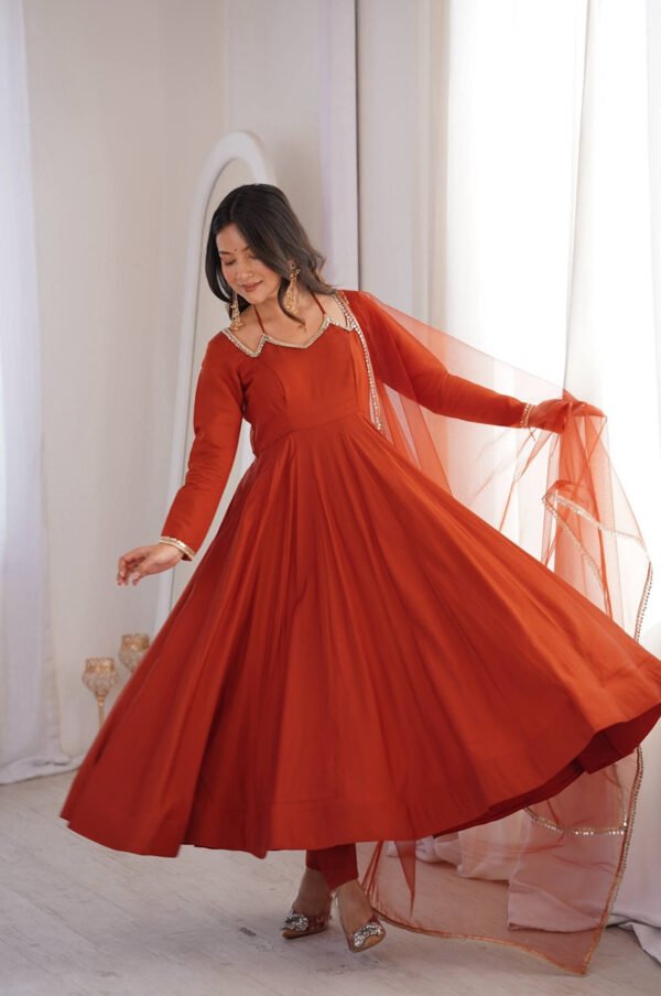 KB-293RUST_1.jpg Rust Orange Roman Silk Chanderi Anarkali Suit with 4+ Meter Flair