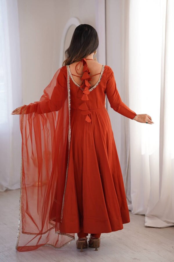 KB-293RUST_2.jpg Rust Orange Roman Silk Chanderi Anarkali Suit with 4+ Meter Flair
