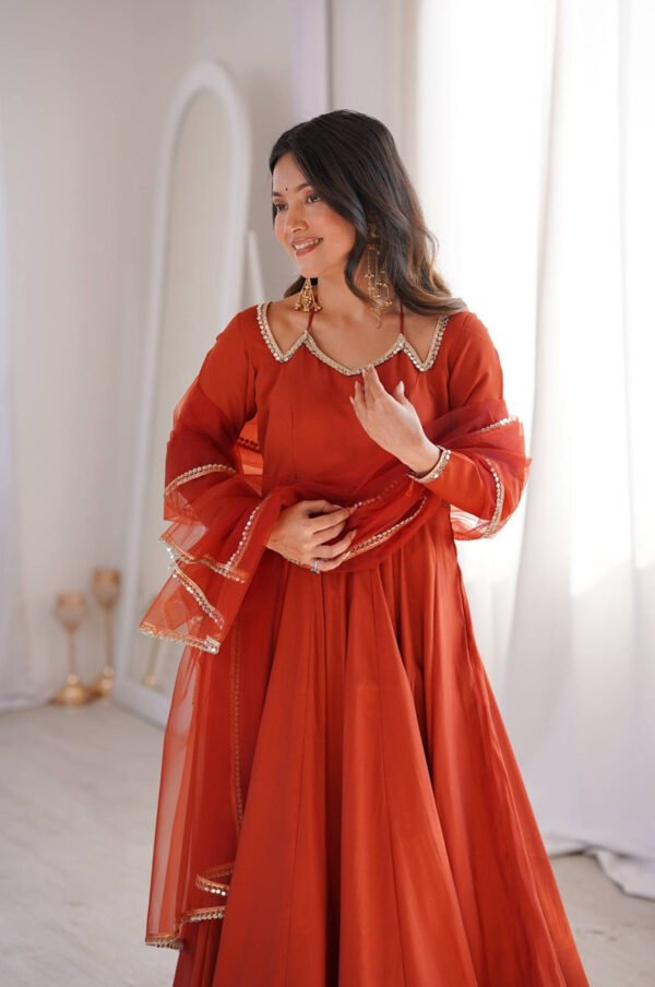 KB-293RUST_3.jpg Rust Orange Roman Silk Chanderi Anarkali Suit with 4+ Meter Flair