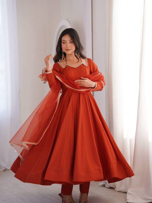 KB-293RUST_4.jpg Rust Orange Roman Silk Chanderi Anarkali Suit with 4+ Meter Flair