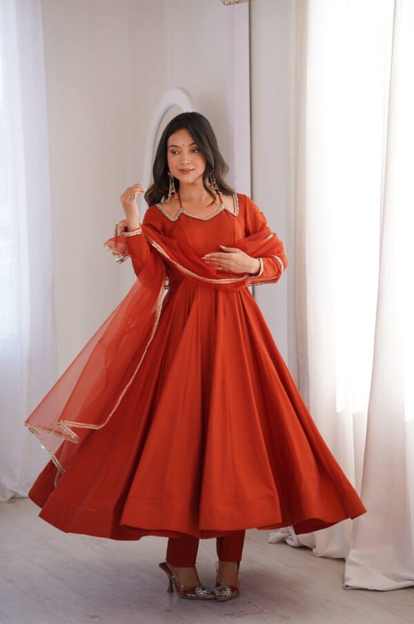 KB-293RUST_4.jpg Rust Orange Roman Silk Chanderi Anarkali Suit with 4+ Meter Flair