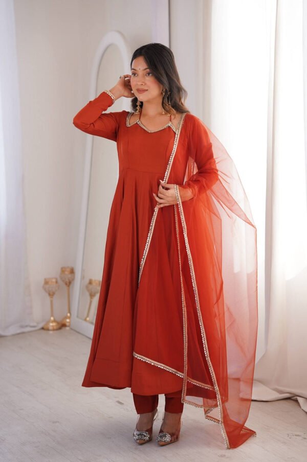 KB-293RUST_5.jpg Rust Orange Roman Silk Chanderi Anarkali Suit with 4+ Meter Flair