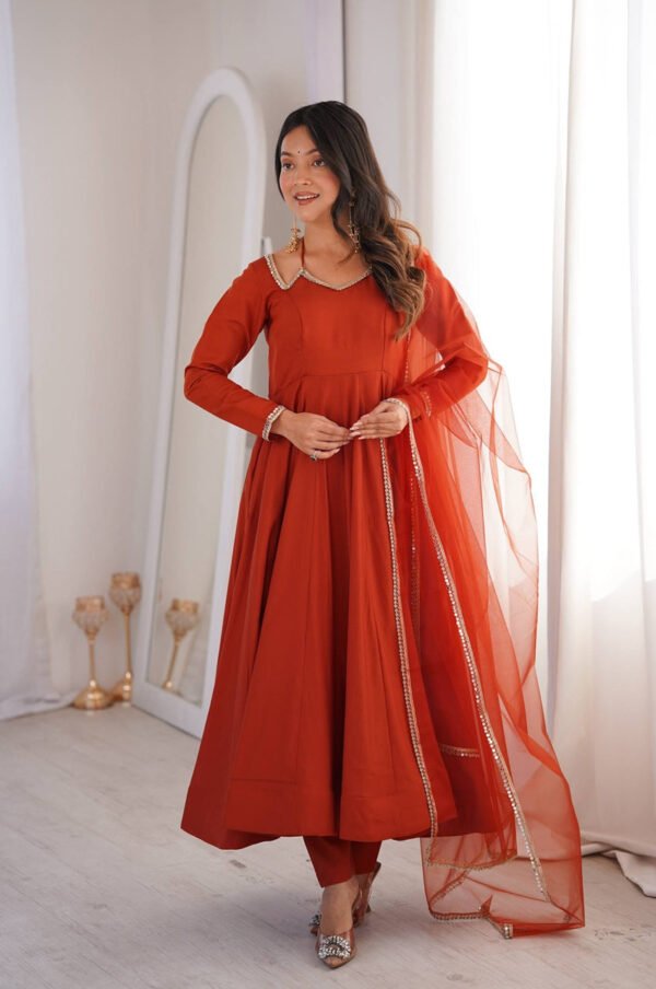 KB-293RUST_6.jpg Rust Orange Roman Silk Chanderi Anarkali Suit with 4+ Meter Flair