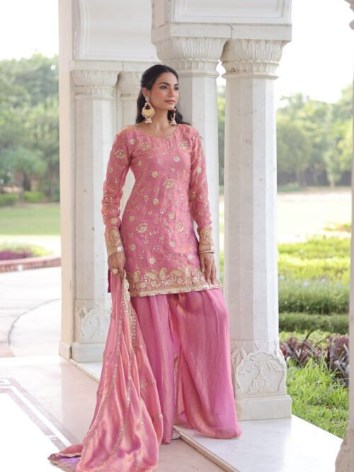 LW-9300_7.jpg Charm Pink Color Fendy Silk Sharara Set