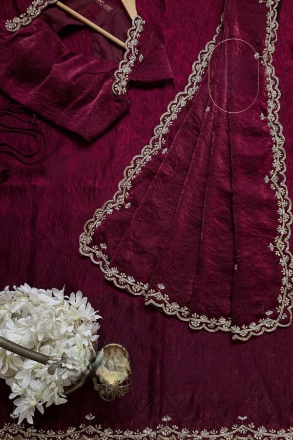 NC-5466WINE_3.jpg Elegant Wine Silk Saree with Katdana & Pearl Handwork