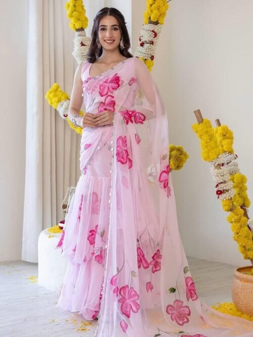 NC-RUFFLE_3.jpg Light Pink Floral Print Georgette Ruffle Saree with Stitched Blouse