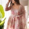 Elegant Beige Tabby Organza Floral Print Gown with Dupatta