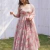 Elegant Beige Tabby Organza Floral Print Gown with Dupatta