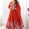 NKB-25ORANGE_1.jpg Rust Orange Floral Organza Silk Anarkali Suit Set