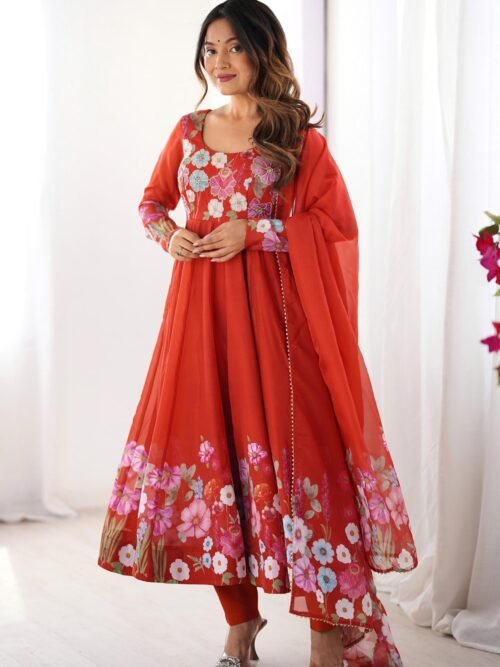 NKB-25ORANGE_1.jpg Rust Orange Floral Organza Silk Anarkali Suit Set