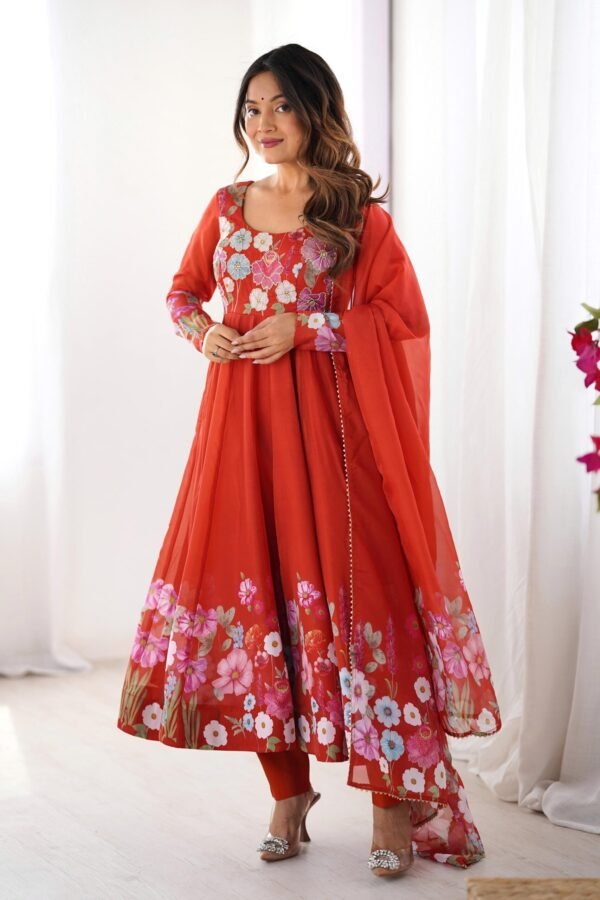 NKB-25ORANGE_1.jpg Rust Orange Floral Organza Silk Anarkali Suit Set