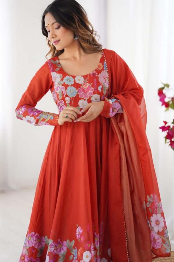 NKB-25ORANGE_2.jpg Rust Orange Floral Organza Silk Anarkali Suit Set