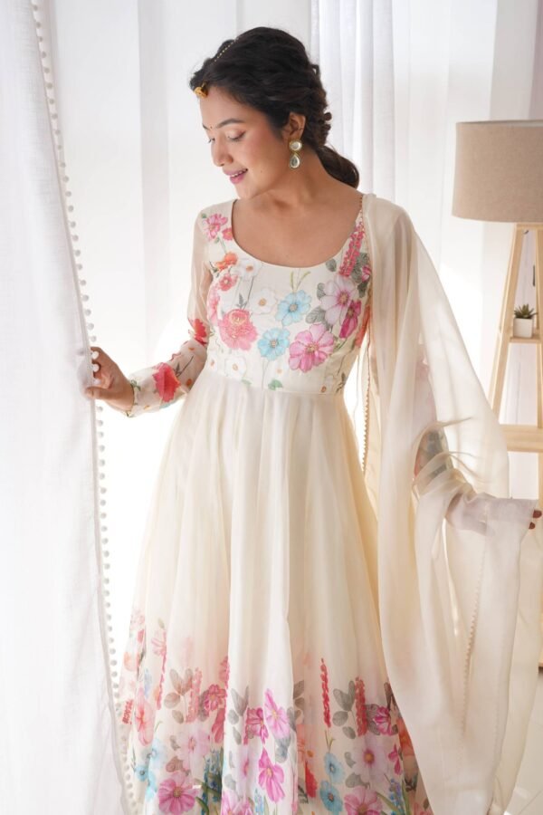NKB-25WHITE_1.jpg Floral Elegance: Cream Color Flower Print Anarkali with Zari Work and Dupatta