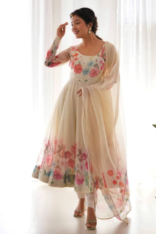 NKB-25WHITE_3.jpg Floral Elegance: Cream Color Flower Print Anarkali with Zari Work and Dupatta