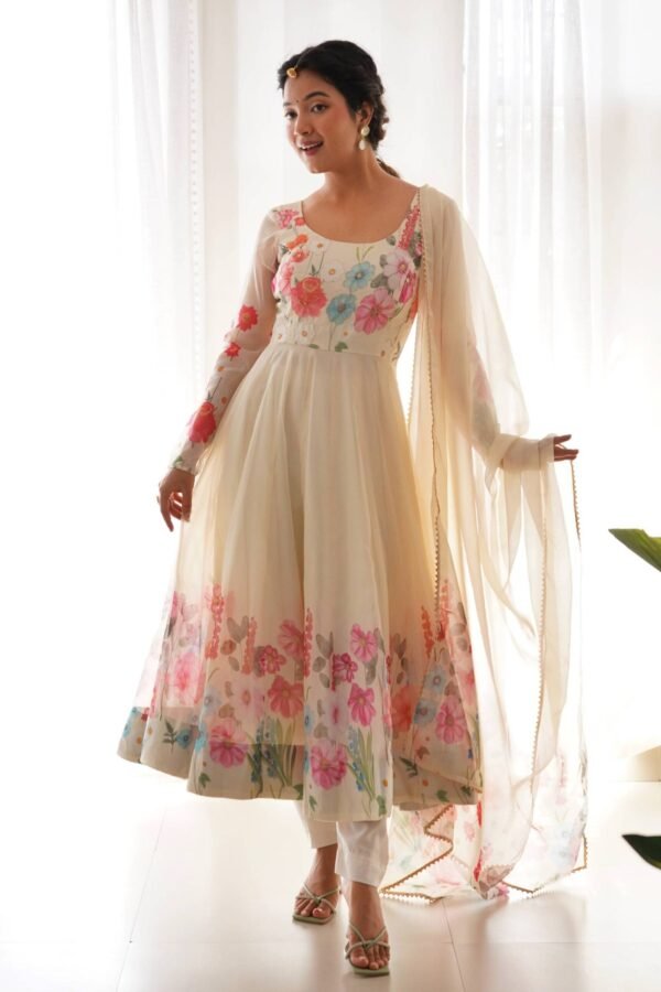 NKB-25WHITE_4.jpg Floral Elegance: Cream Color Flower Print Anarkali with Zari Work and Dupatta