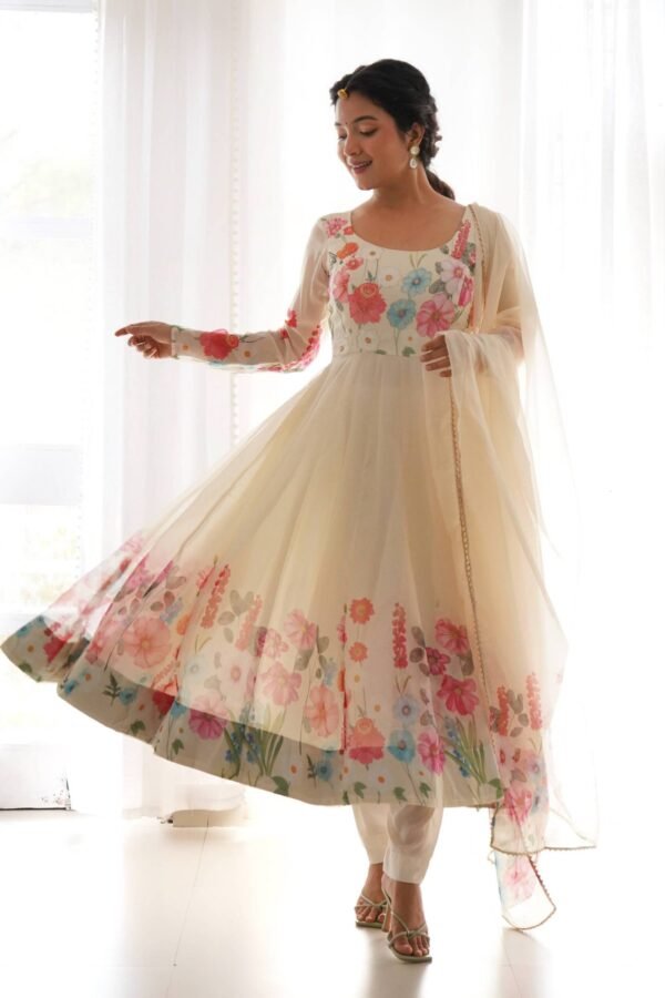 NKB-25WHITE_5.jpg Floral Elegance: Cream Color Flower Print Anarkali with Zari Work and Dupatta