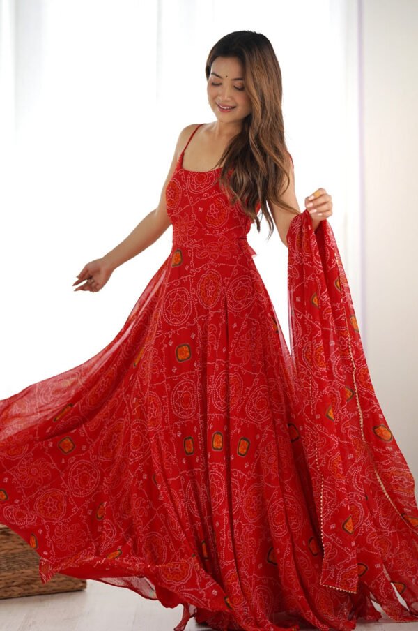 NKB-31_3.jpg Red Bandhej Print Chiffon Anarkali Gown with Dupatta
