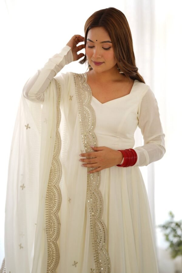 NKB-40WHITE_1.jpg Exquisite White Heavy Pure Romansilk Anarkali Suit with Embroidery Sequence Dupatta