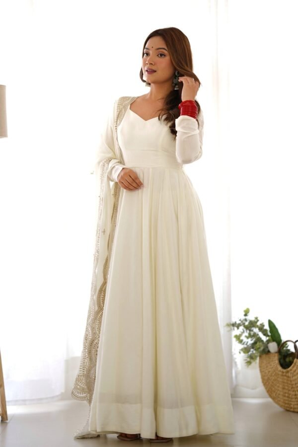 NKB-40WHITE_2.jpg Exquisite White Heavy Pure Romansilk Anarkali Suit with Embroidery Sequence Dupatta